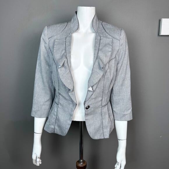White House Black Market Blazer Jacket size 8 linen ruffle gray feminine office - Picture 1 of 11